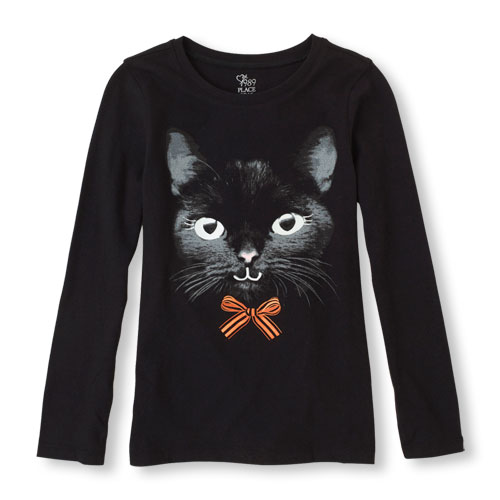 Long Sleeve Halloween Cat Glow-In-The-Dark Graphic Tee