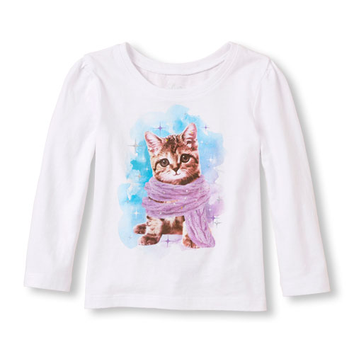 Long Sleeve Photo-Real Scarf Cat Graphic Tee