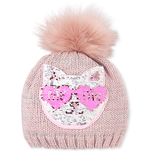 Girls Flip Sequin Cat Pom Pom Beanie - Pink Hat - The Children's Place