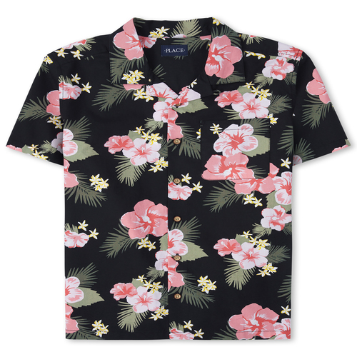 s Mens Matching Family Tropical Poplin Button Down Shirt - Black - The Children's Place