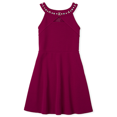 Girls Jeweled Stretch Jacquard Dress - Red - The Children's Place