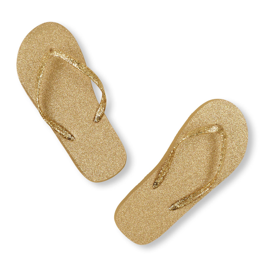 gold sparkle flip flops