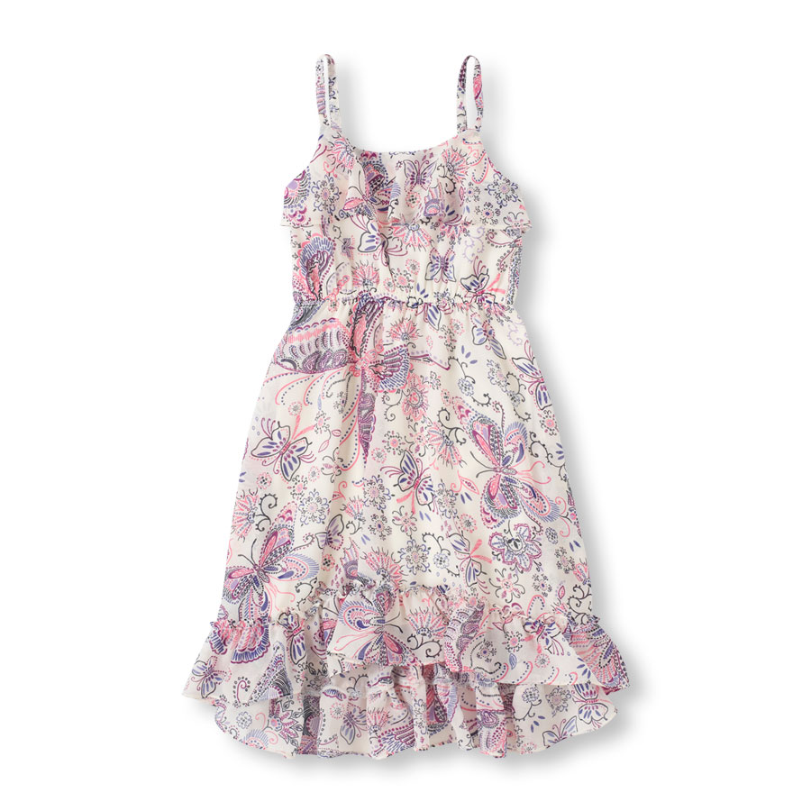 Discounts Sleeveless Butterfly Print Hi-Lo Dress