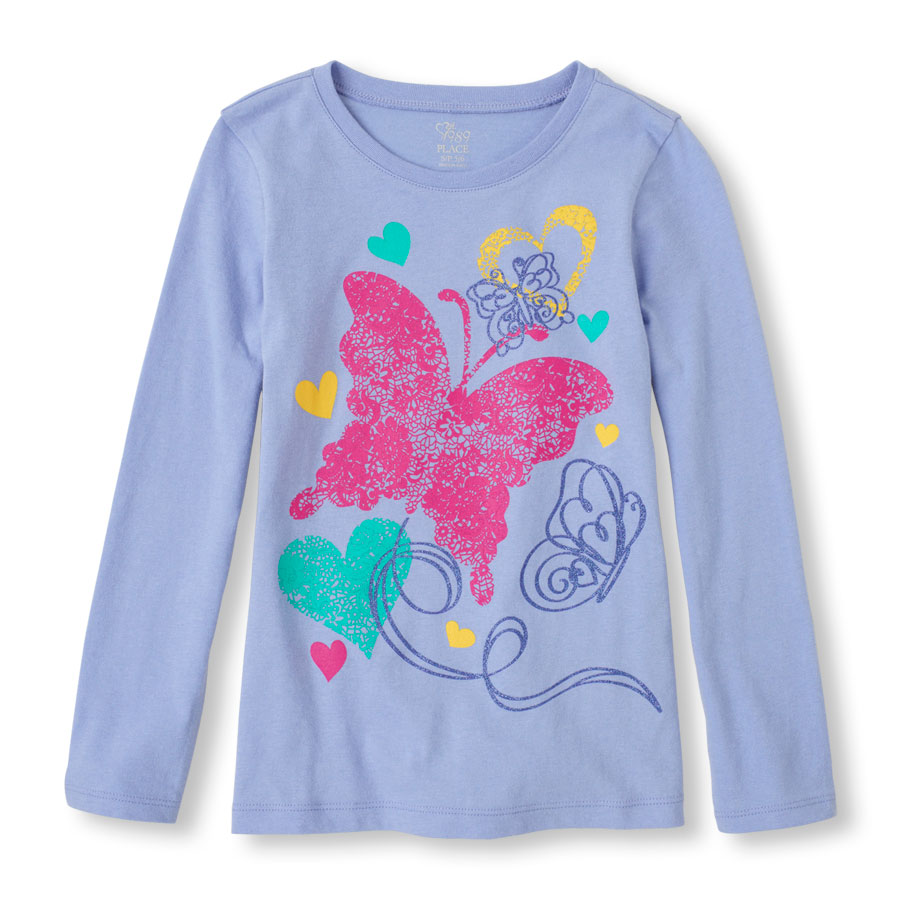 Promos Long Sleeve Butterflies & Hearts Graphic Tee