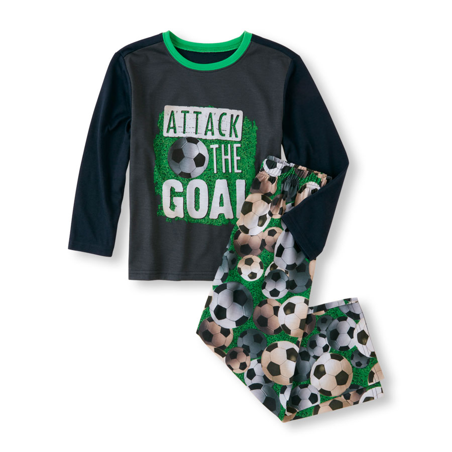 Boys Long Sleeve 'Attack The Goal' Top And Soccer Ball Print Pants PJ