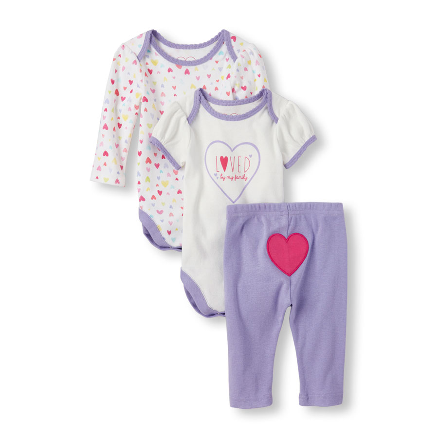 Promos Baby Girls Short Sleeve Heart Print Bodysuit And Pant 3-Pack