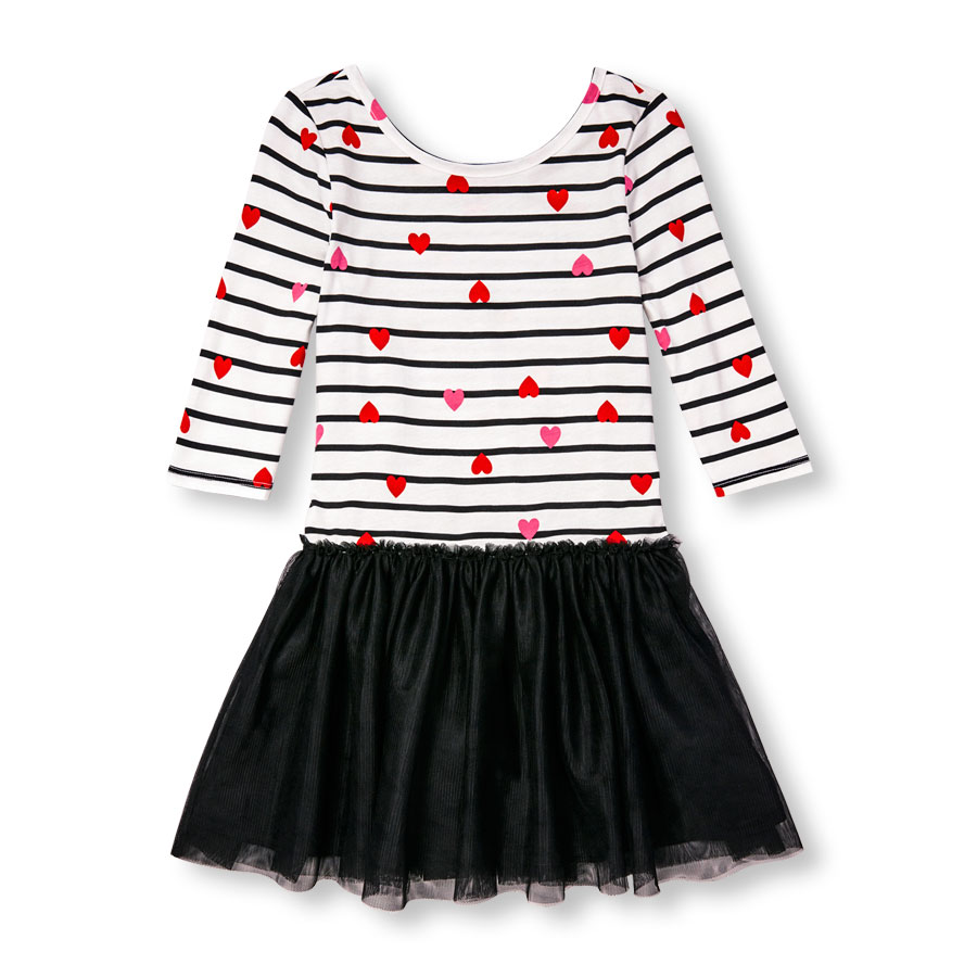 Best Girls Long Sleeve Striped And Heart Print Drop Waist Dress