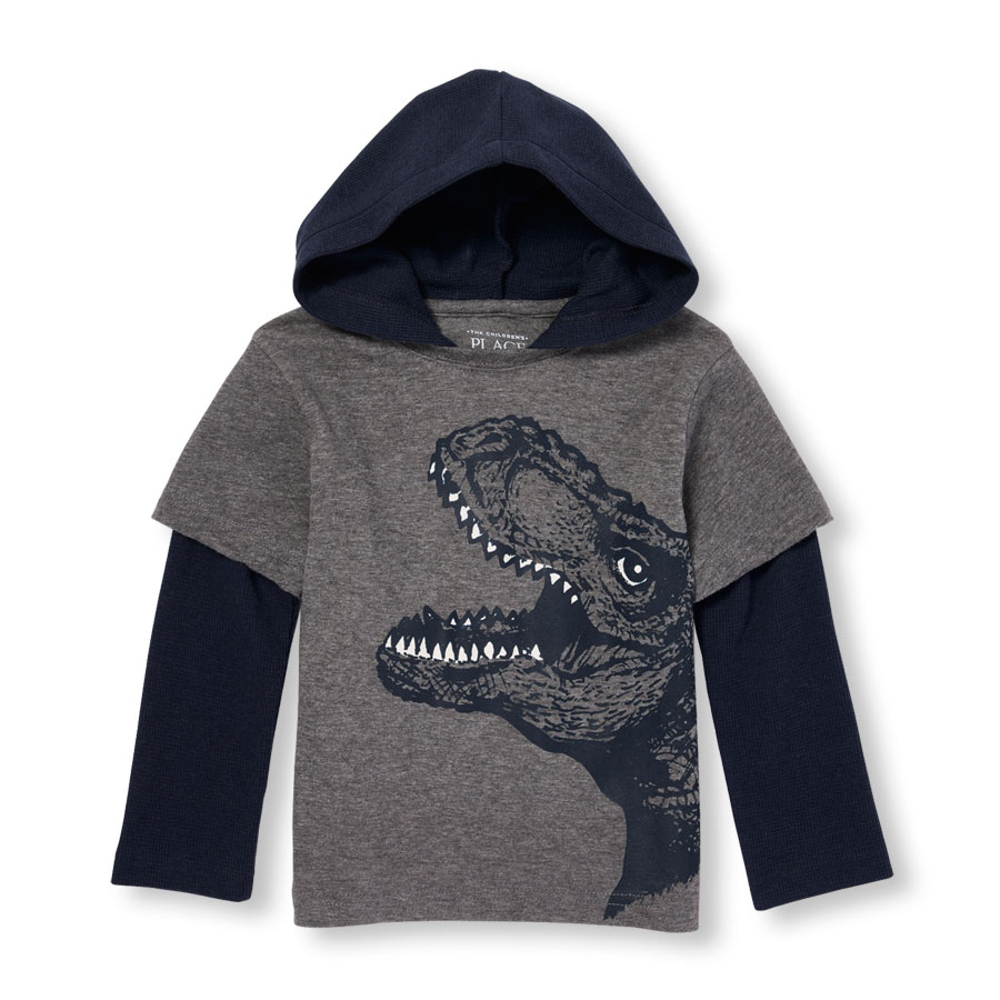Top Toddler Boys Long Sleeve Glow-In-The-Dark Graphic Faux-Layered Hooded Top