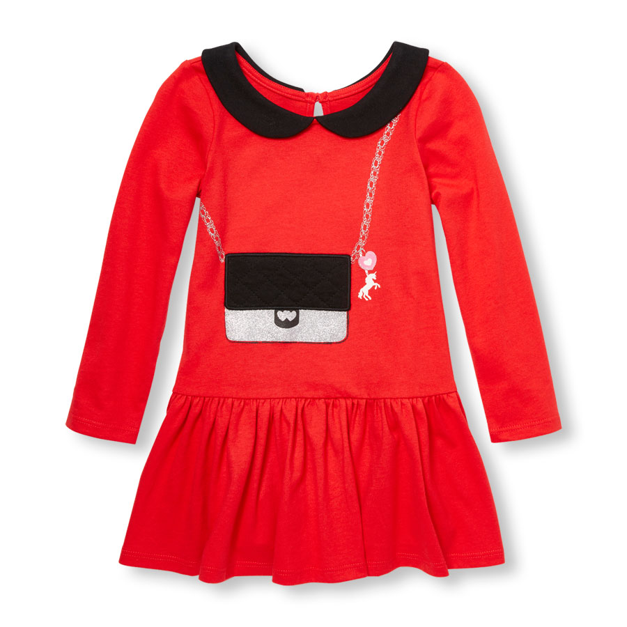 Compare Toddler Girls Long Sleeve Cross-Body Purse Graphic Drop Waist Dress