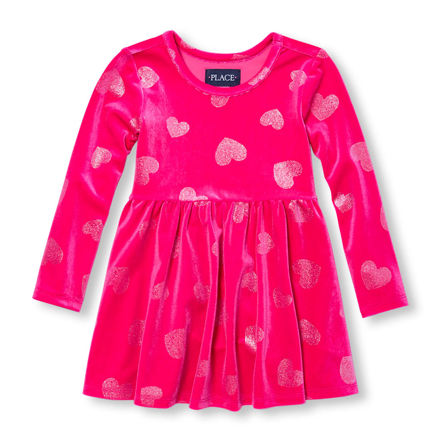 Discounts Toddler Girls Long Sleeve Sparkle Heart Printed Velvet Skater Dress
