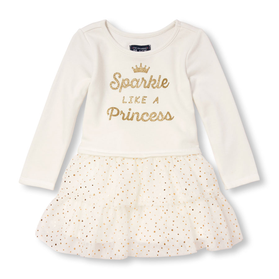 Compare Toddler Girls Long Sleeve Sparkle Like A Princess Metallic Dot Printed Mesh Tutu Dress