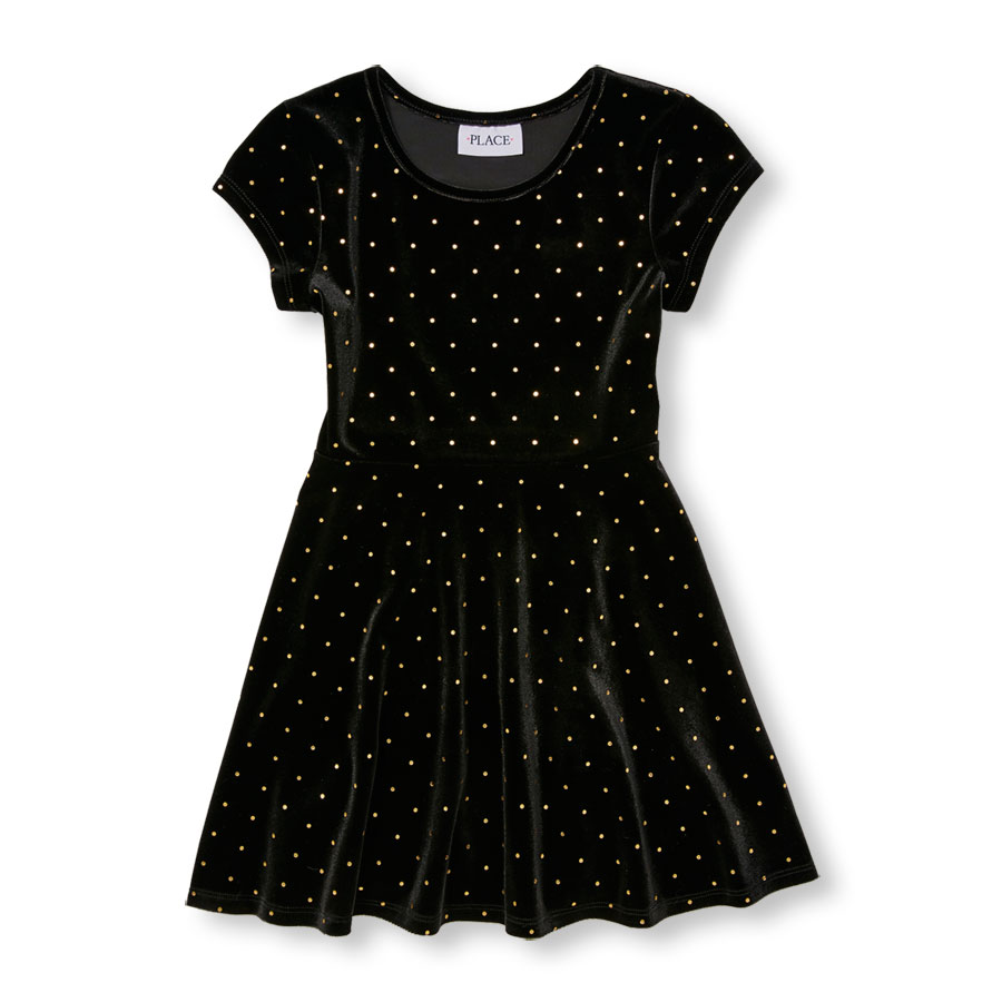 Top Girls Short Cap Sleeve Metallic Dot Printed Velour Flare Dress