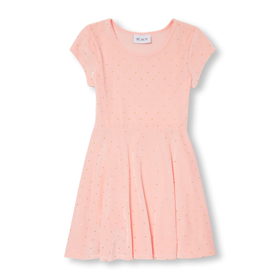 Coupons Girls Short Cap Sleeve Metallic Dot Printed Velour Flare Dress