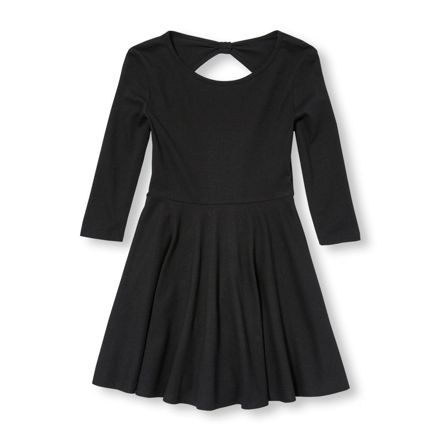 Discounts Girls Elbow Sleeve Bow-Back Solid Skater Dress