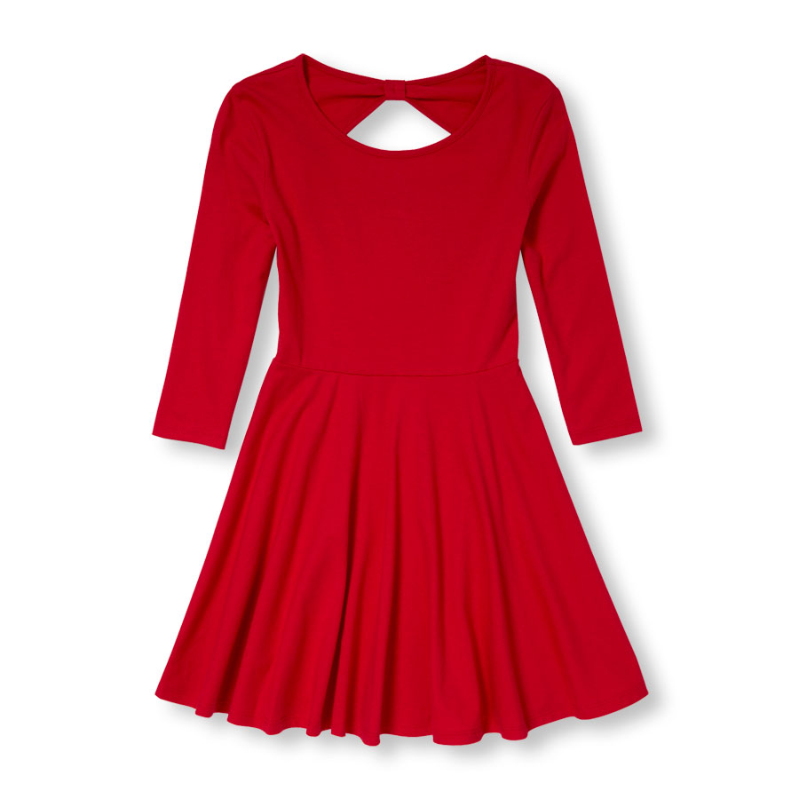 Discounts Girls Elbow Sleeve Bow-Back Solid Skater Dress