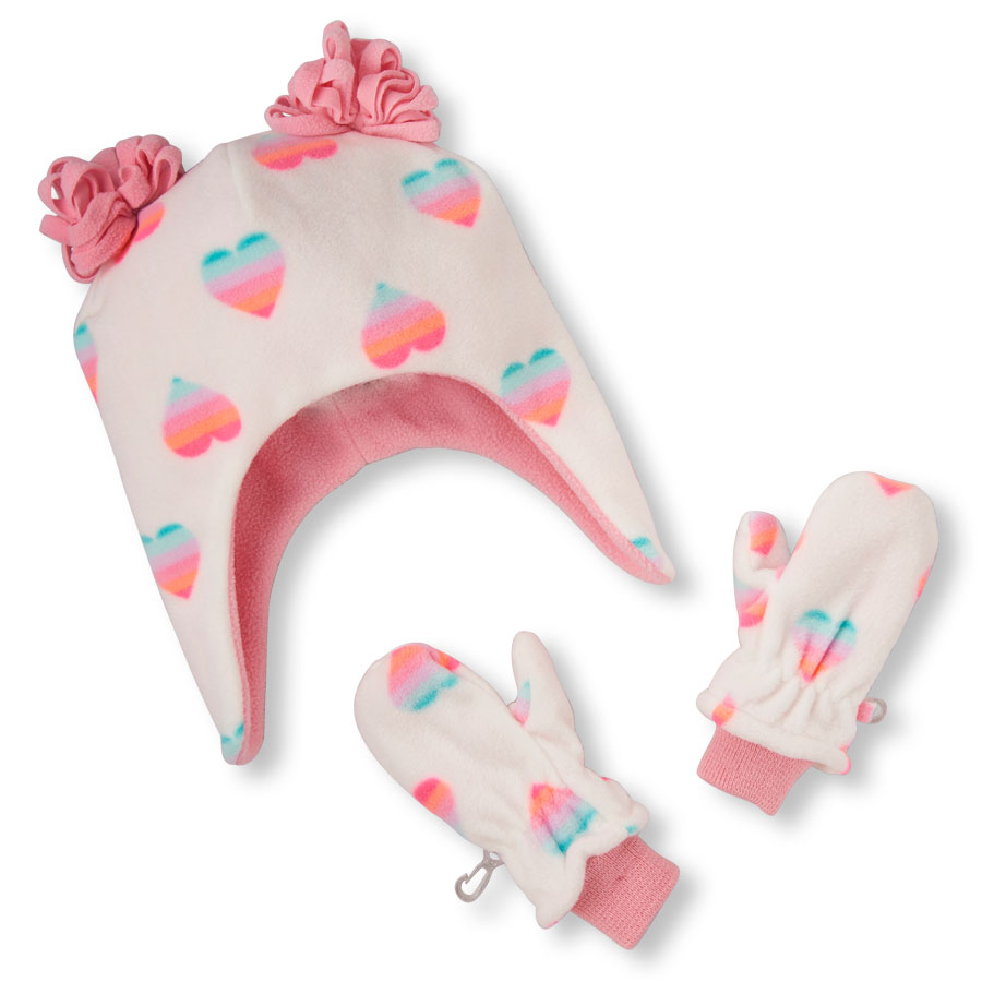 Best Toddler Girls Neon Heart Print Pom Pom Hat And Mittens Set