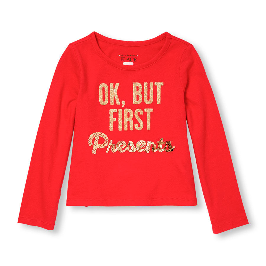 Promos Toddler Girls Long Sleeve Embellished Holiday Graphic Top