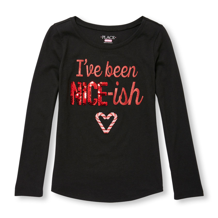 Coupons Girls Long Sleeve Embellished Holiday Graphic Top