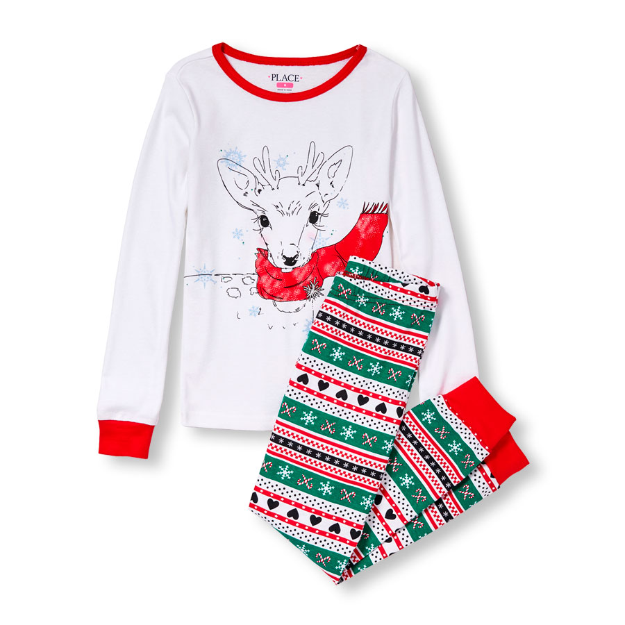 Top Girls Long Sleeve Holiday Reindeer Graphic Top And Candy Cane Fair Isle Print Pants Pj Set