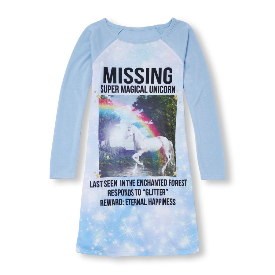 Discounts Girls Long Raglan Sleeve Missing Super Magical Unicorn Nightgown