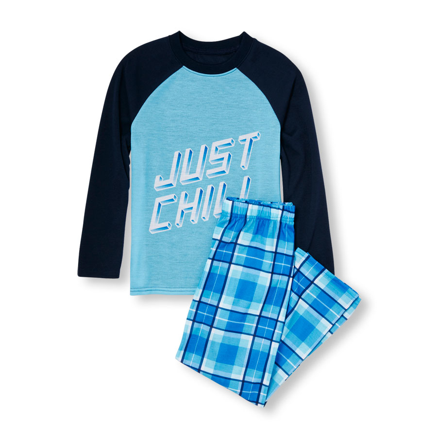 Reviews Boys Long Raglan Sleeve Just Chill Top And Plaid Pants Pj Set