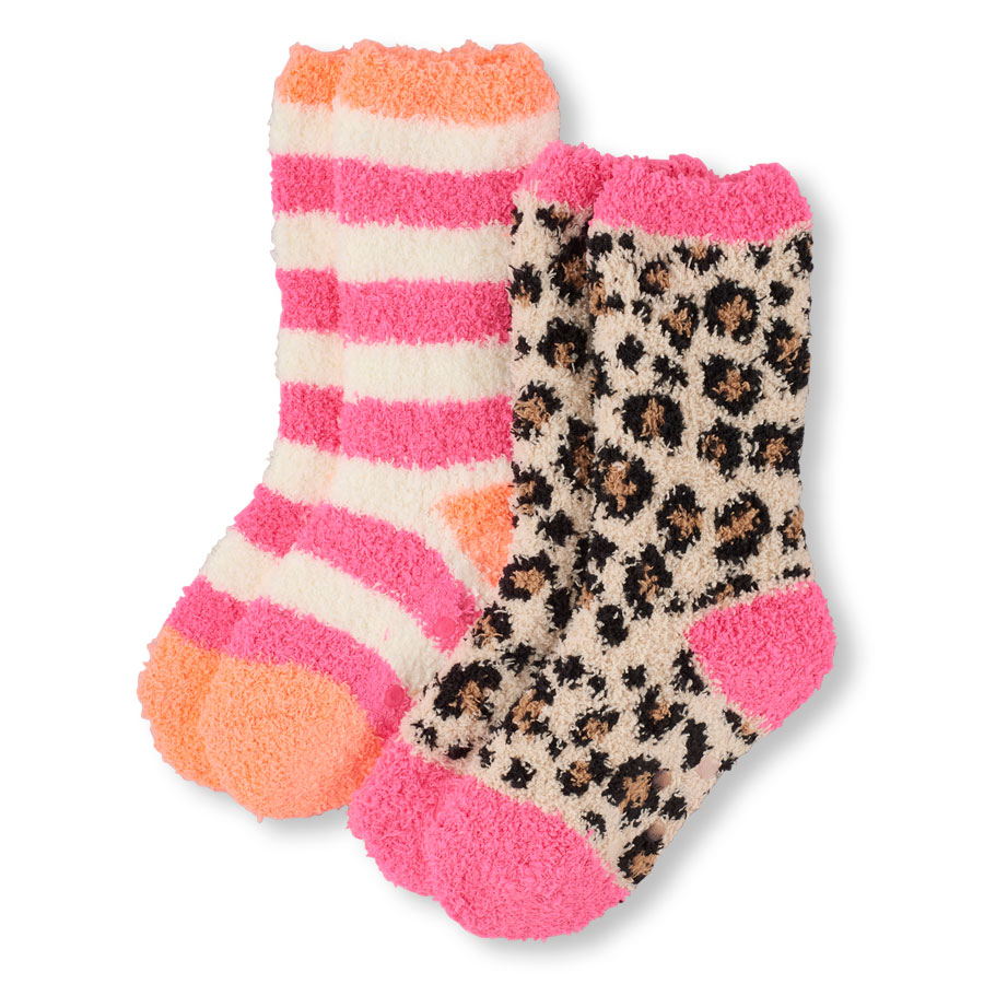 Cheap Girls Striped And Leopard Print Cozy Crew Socks 2-Pack