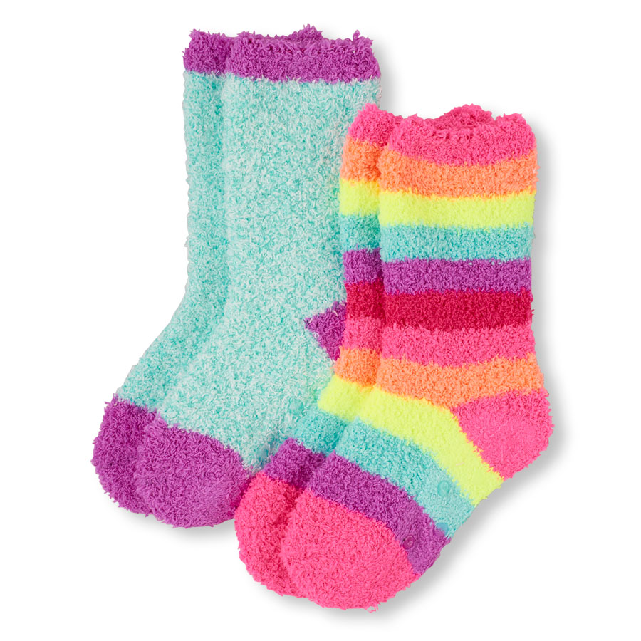 Best Girls Neon Rainbow Stripe And Solid Cozy Crew Socks 2-Pack