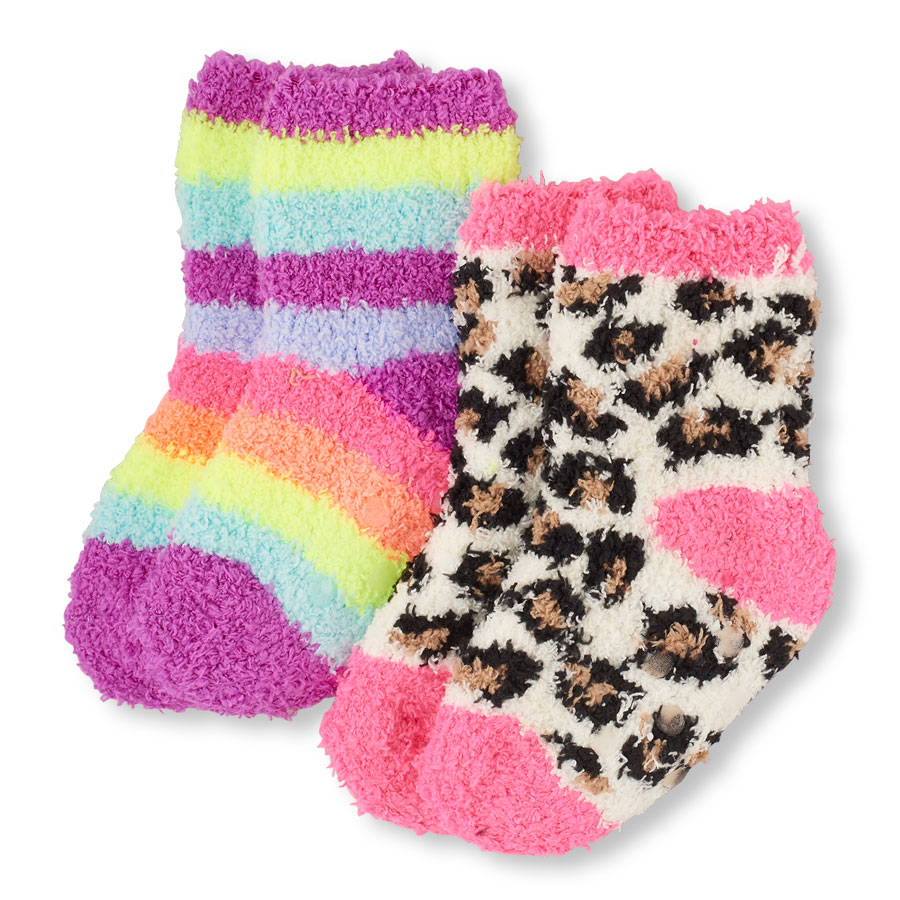 Top Toddler Girls Neon Rainbow Stripe And Leopard Print Cozy Crew Socks 2-Pack