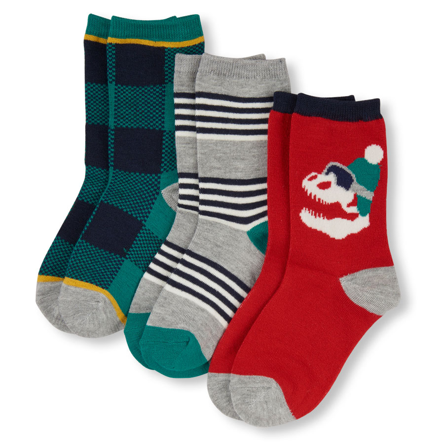 Discounts Boys Festive Dino Guy Striped And Plaid Crew Socks 3-Pack