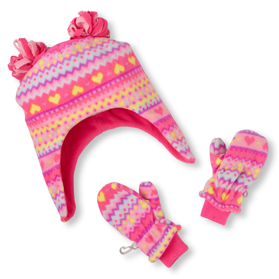 Coupons Toddler Girls Neon Heart Fair Isle Print Pom Pom Hat And Mittens Set