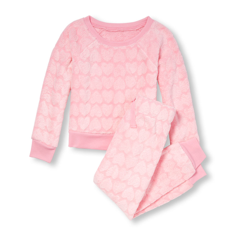 Top Girls Long Sleeve Textured Heart Print And Pants Cozy Pj Set