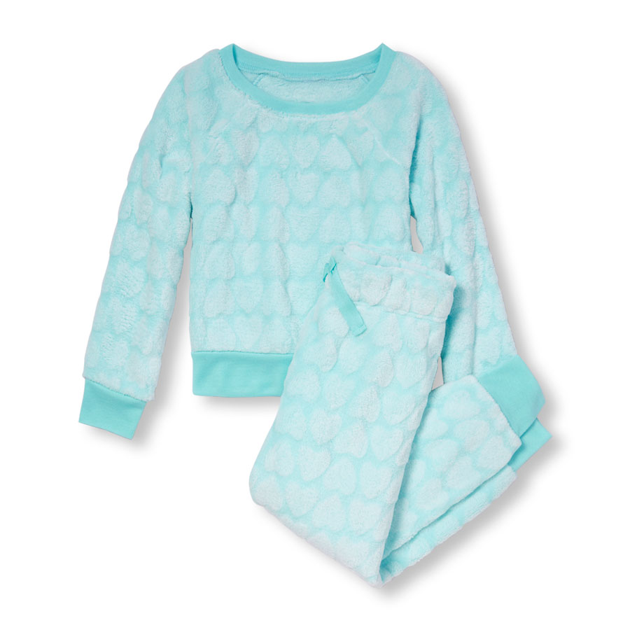 Best Girls Long Sleeve Textured Heart Print And Pants Cozy Pj Set