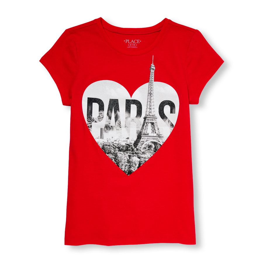 Discounts Girls Short Sleeve Glitter Paris Heart Graphic Tee