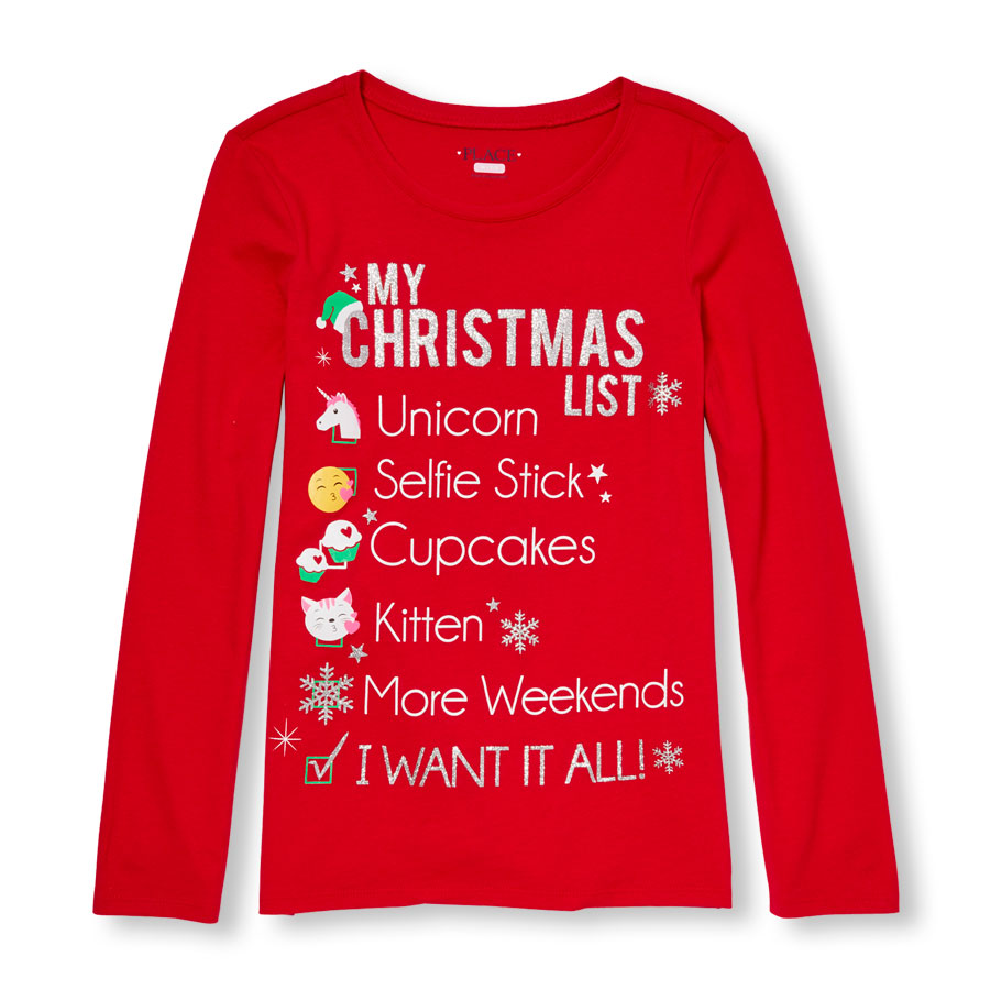 Top Girls Long Sleeve Glitter My Christmas List Graphic Tee