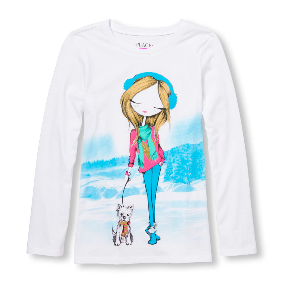 Top Girls Long Sleeve Glitter Winter Girl And Dog Graphic Tee