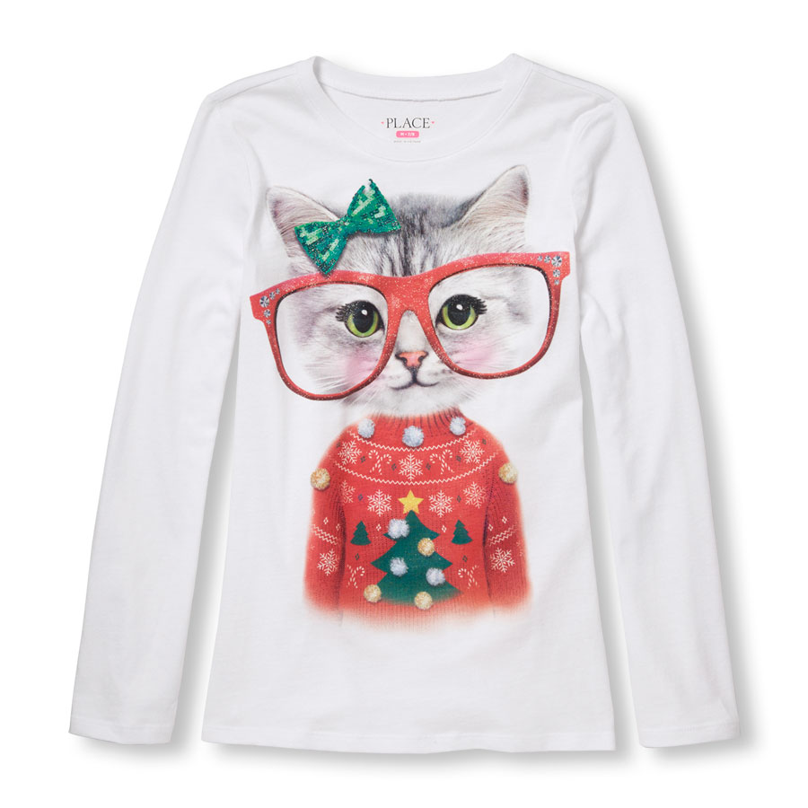 Coupons Girls Long Sleeve Festive Cat Glitter Graphic Tee