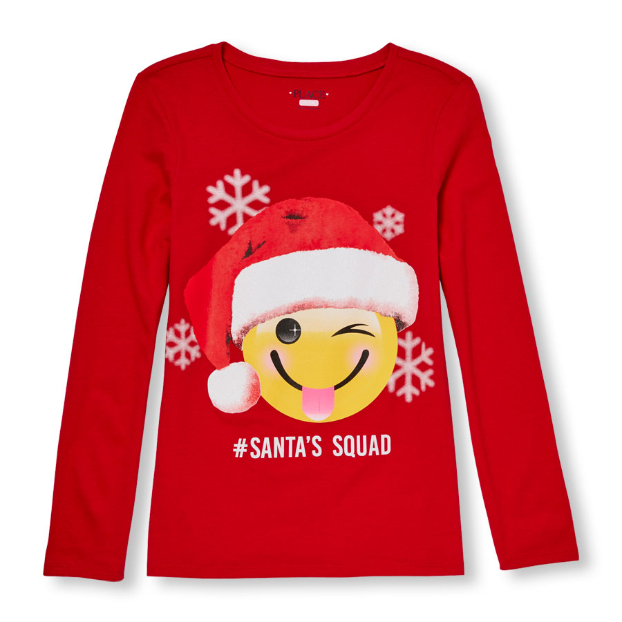 Reviews Girls Long Sleeve Glitter Santas Squad Santa Emoji Graphic