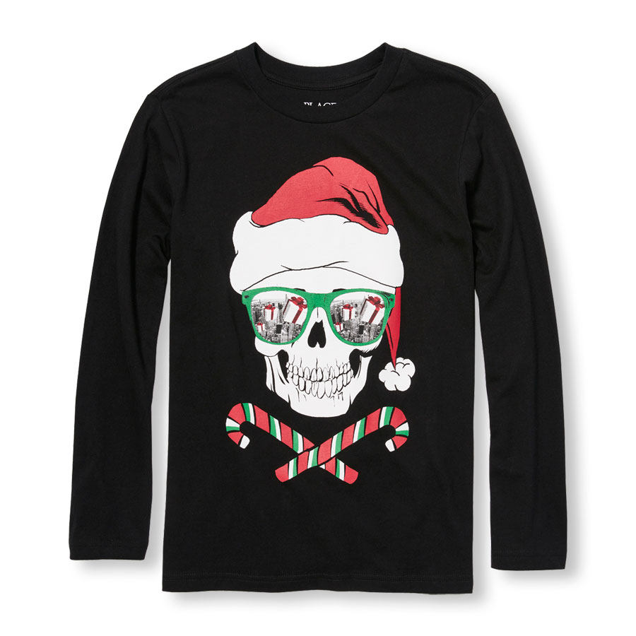 Discounts Boys Long Sleeve Santa Skull Graphic Tee