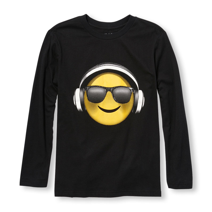 Promos Boys Long Sleeve Glow-In-The-Dark Headphones Emoji Face Graphic Tee