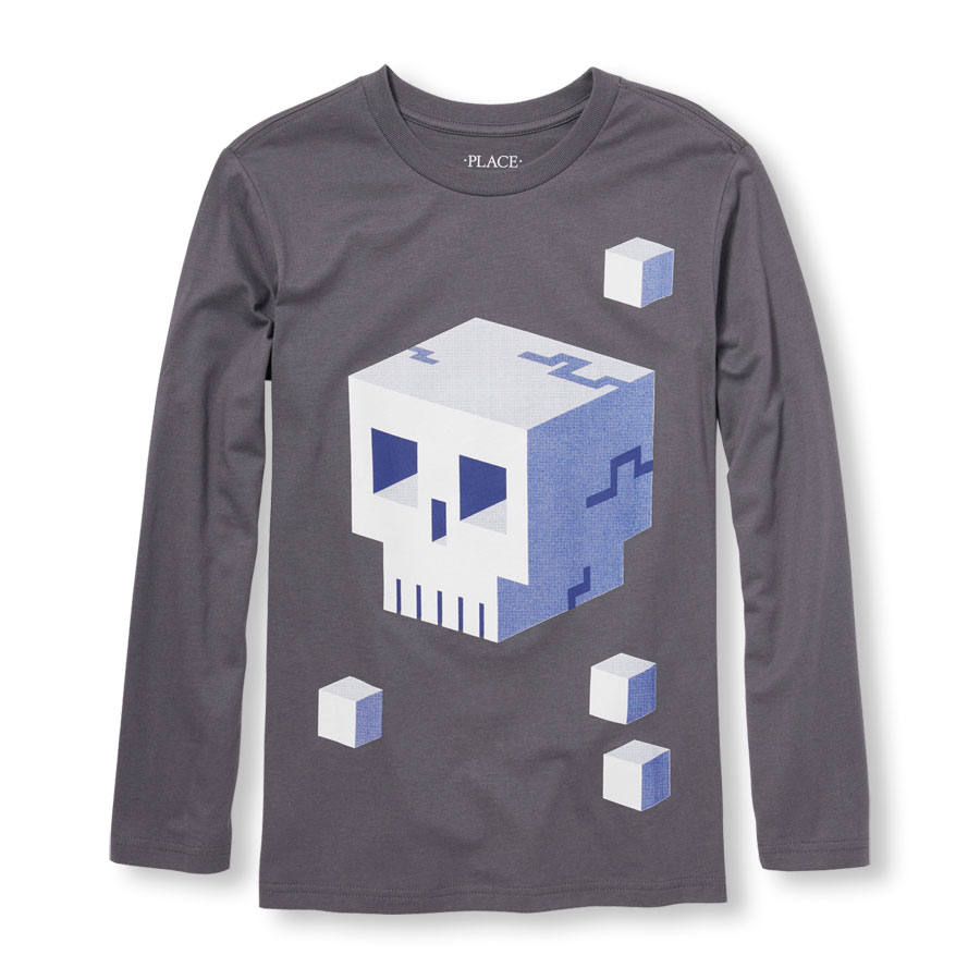 Promos Boys Long Sleeve Digital Box Skull Graphic Tee