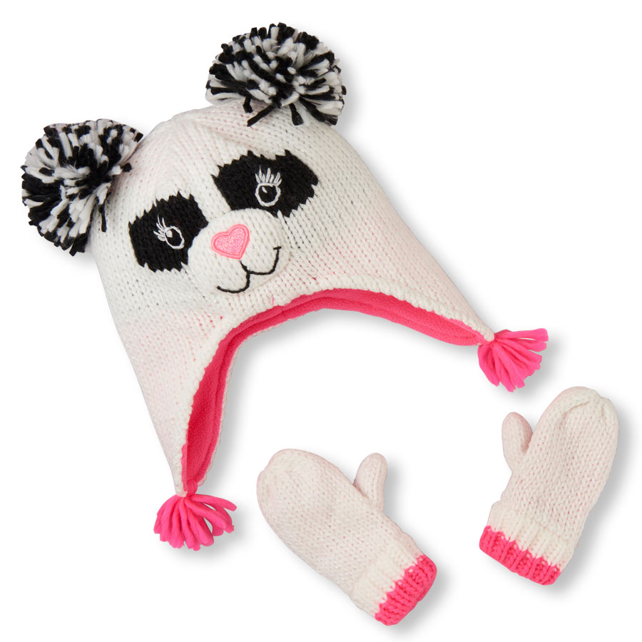Cheap Toddler Girls Shimmery Panda Hat And Mittens Set