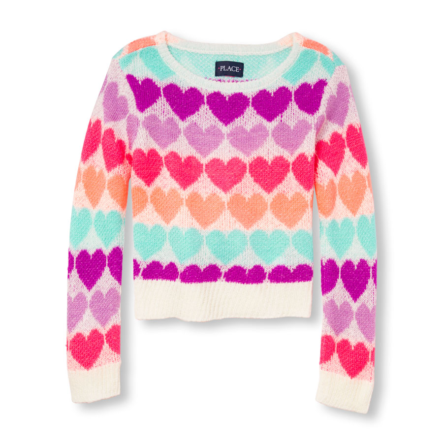 Cheap Girls Long Sleeve Neon Rainbow Heart Print Sweater