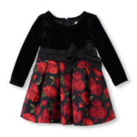 Long Sleeve Rose Print Side Bow Velour Dress