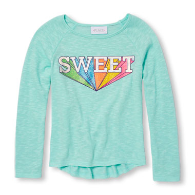 Girls Long Sleeve Embellished Graphic Lightweight Sweater Knit Top