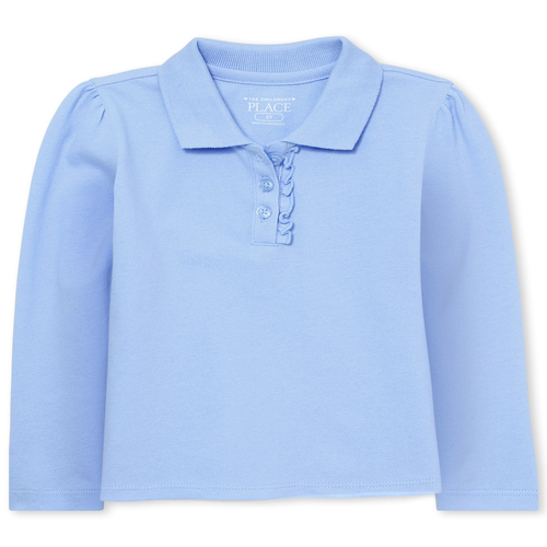 Toddler Girls Uniform Long Sleeve Ruffle-Placket Polo