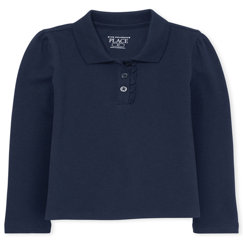 Toddler Girls Uniform Long Sleeve Ruffle-Placket Polo