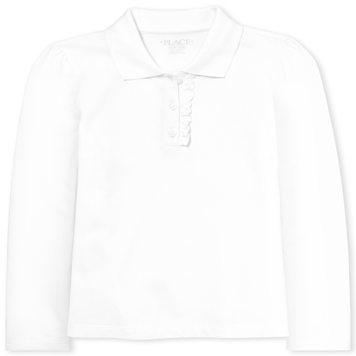 Girls Long Sleeve Ruffle-Placket Polo - White - The Children's Place