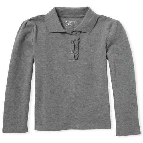 

s Uniform Long Sleeve Ruffle Pique Polo - Gray - The Children's Place