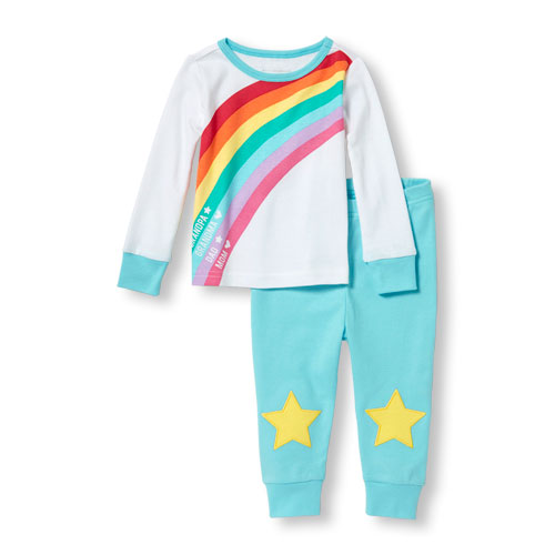 Baby And Toddler Girls Long Sleeve Rainbow Family Love Top And Star Patch Pants PJ Set