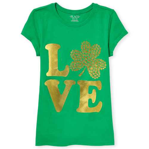 Girls Short Sleeve Glitter 'LOVE' Shamrock Graphic Tee